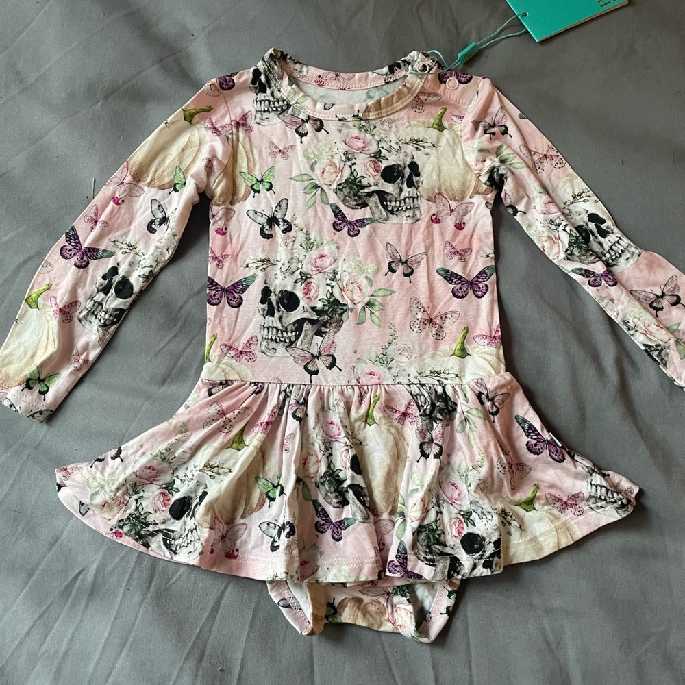 Posh Peanut Pink Floral & Skull Butterfly Skirted Bodysuit